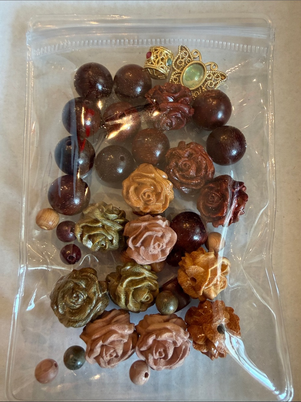 Handcrafted Rose Bead Mix Necklace - Brown, Gold, Pink